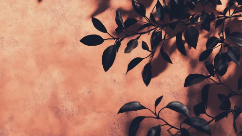 Dark Leafy Branch Shadows on Warm Peach Wall, Minimalist Style.