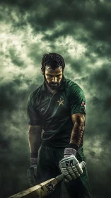Brooding Pakistani batsman in dramatic stormlit portrait.