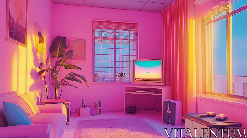 Neon gradient living room interior in pastel 3D render.