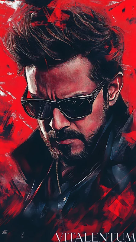 Brooding sunglasses portrait in bold red and deep shadow.