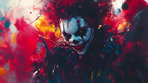 Grinning nightmare clown blooms from a storm of neon chaos