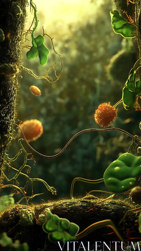 Macro bioluminescent forest with stylized cellular plant structures