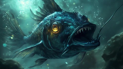Deep sea predator fish with glowing bioluminescent eye.