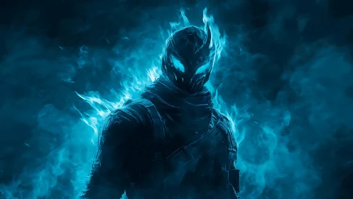 Flaming spectral warrior stands engulfed in blue ethereal fire