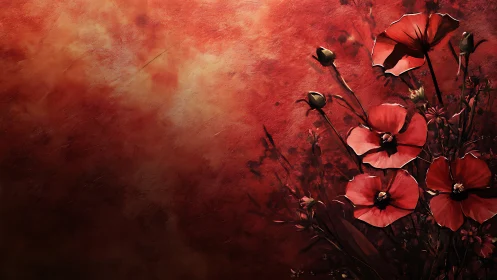 Red Poppies Against Textured Crimson Background.