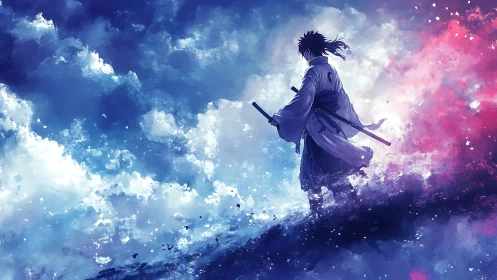 Lone samurai walks horizon between cold blue and warm red sky