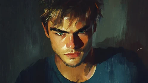 Moody male portrait with hard chiaroscuro and textured brushwork