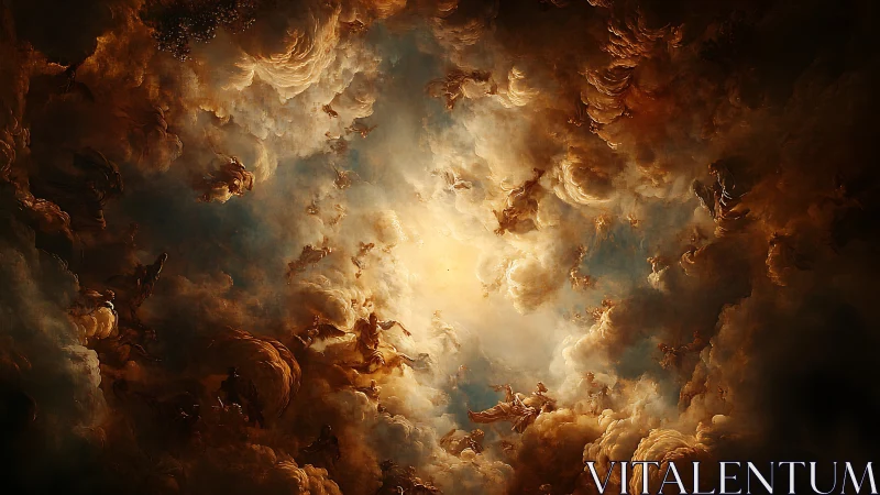 Radiant celestial clouds swirl around a glowing divine sky