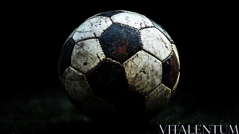 Weathered match ball waits in a lone, cinematic spotlight