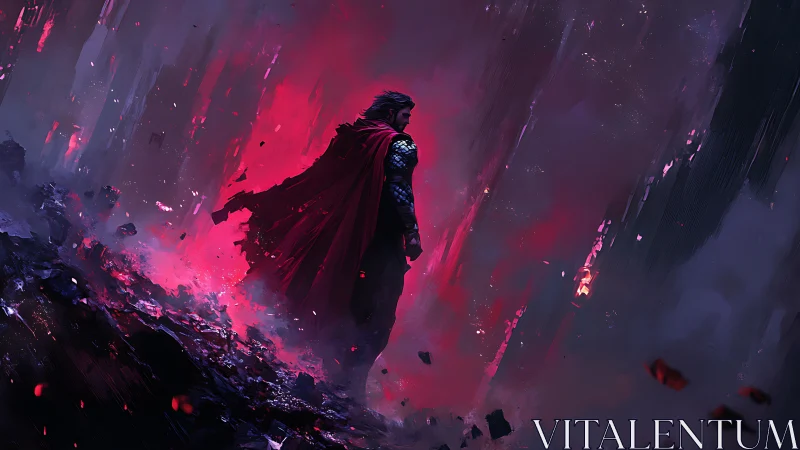 Caped figure stands amid red and violet atmospheric debris field