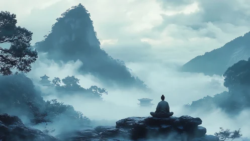 Mist-veiled monk gazes toward sky temples in teal silence.