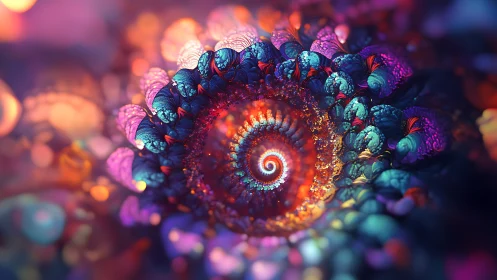 Iridescent fractal spiral with luminous organic petal forms.