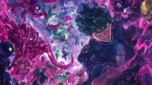 Dynamic anime hero amidst chaotic neon monster onslaught.