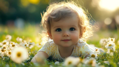 Toddler positioned among daisy flowers in outdoor garden setting