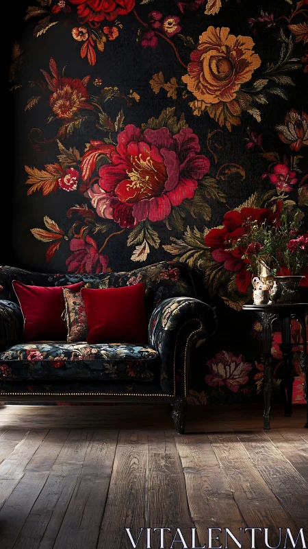 Velvet sofa against oversized floral tapestry in moody light.