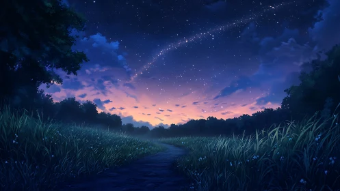 Starlit country path welcomes a gentle summer twilight walk