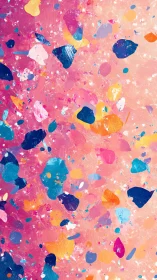 Vibrant abstract confetti pattern on warm pink background.