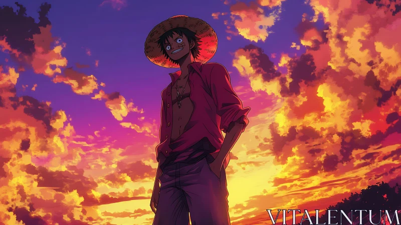 Straw hat anime figure under vivid sunset cloudscape.