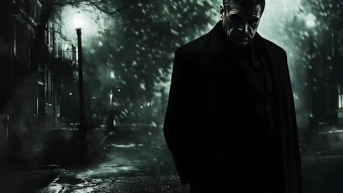 Brooding man in dark overcoat on eerie city street at night.