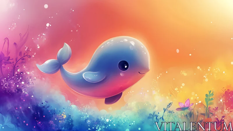Pastel-lit kawaii whale glides through iridescent abstract seascape