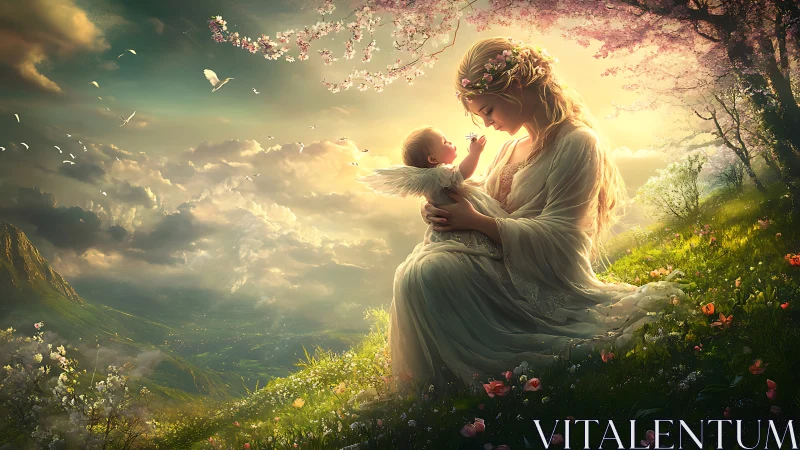 Ethereal mother cradles angelic child under golden sky.