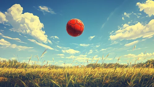 Red soccer ball soaring above sunlit wheat field.