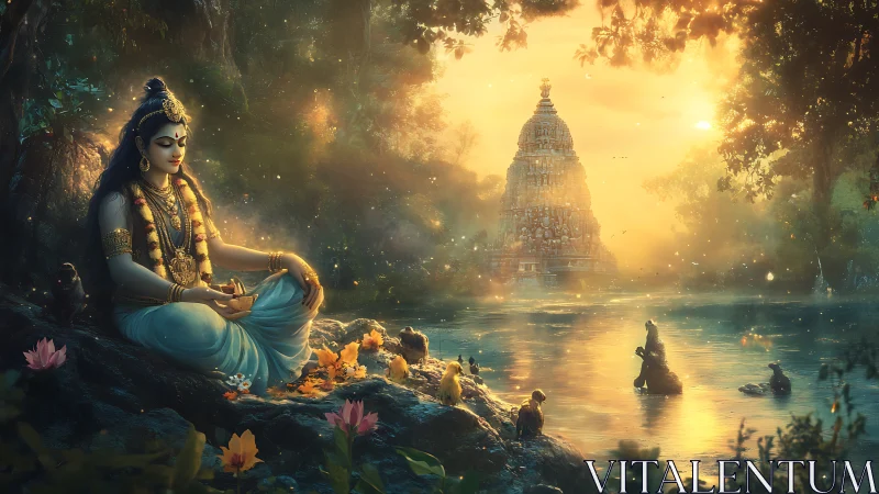 Serene deity by riverside temple in warm golden light.