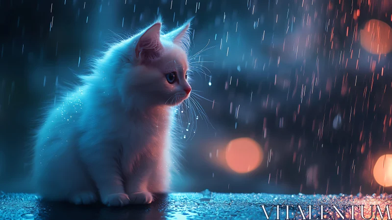 Digital rendering displays feline subject under simulated rainfall with chromatic lighting effects.