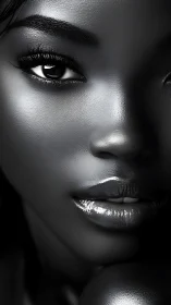 Close black and white portrait of woman’s face in detail.