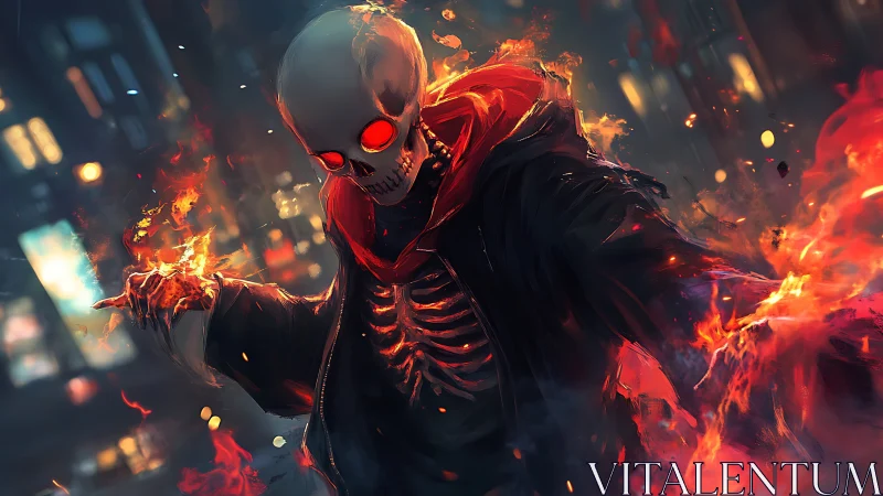 Flaming skeletal figure advances through blurred neon city