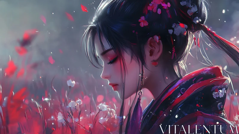Side profile of serene woman in red floral field at dusk.