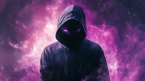 Mysterious hooded spirit glows within swirling violet nebula