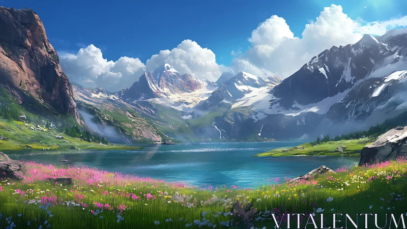 Mountain lake with wildflowers under bright blue sky.