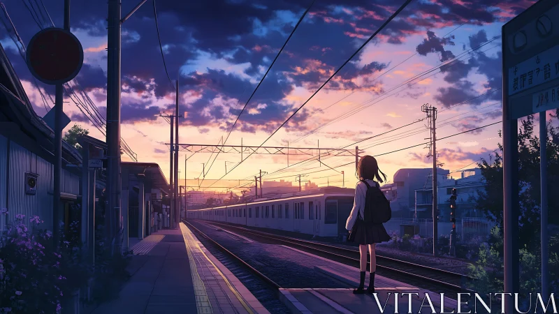Girl stands on rural station platform at dusk observing train