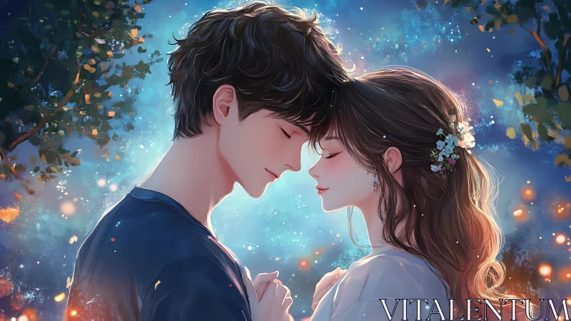 Starlit lovers embracing in softly glowing forest night.