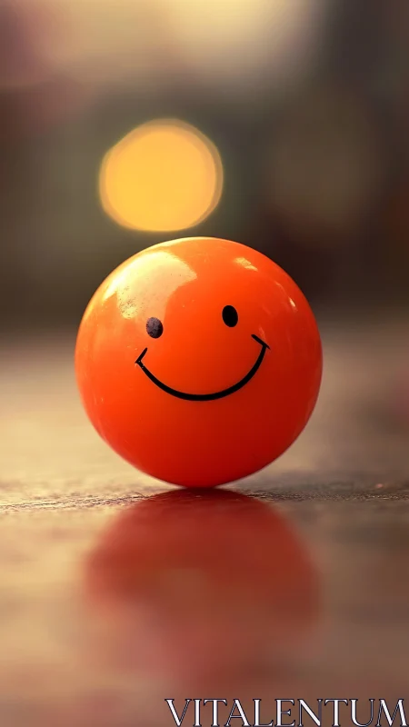 Photorealistic orange smiley sphere with shallow depth of field.