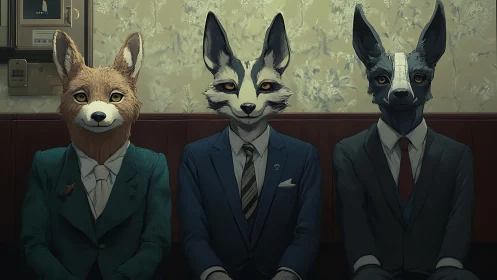 Anthropomorphic fox and canine figures seated in suits.