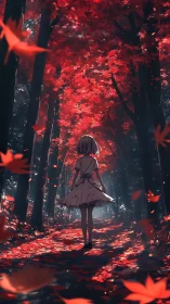 Solitary girl framed by crimson canopy in backlit forest corridor