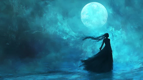Solitary woman silhouette under large blue full moon.
