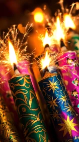 Ignited decorative fireworks captured in saturated macro detail