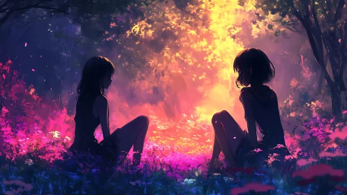 Two silhouetted figures seated in luminous forest clearing.