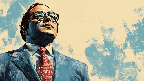 Upward gaze of suited man in stylized textured portrait.