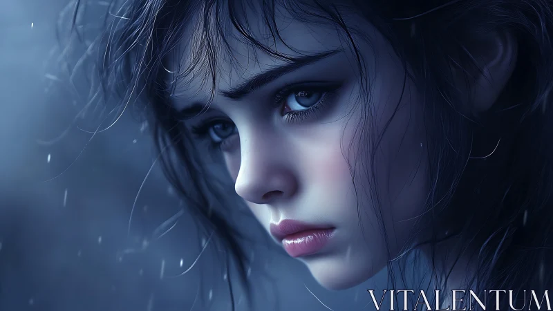 Melancholic girl in rainlit close-up gazes into distance.