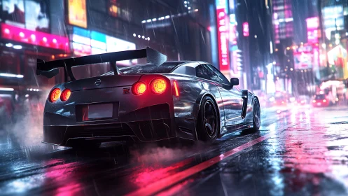 Aerodynamic GT street racer under neon rainfall at night.
