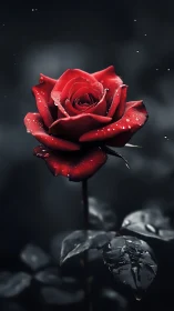 Single red rose with water droplets on dark background.