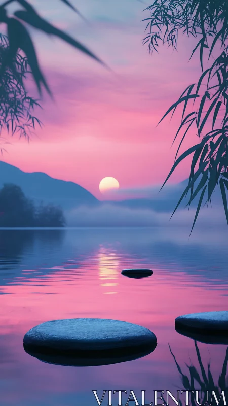 Soft sunrise over tranquil stepping stones on still lake.