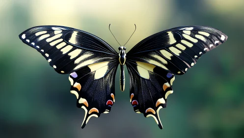 Graceful black swallowtail butterfly spreads glowing wings