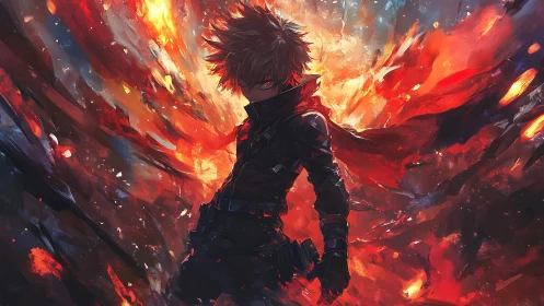 Explosive anime antihero amid swirling inferno backdrop.