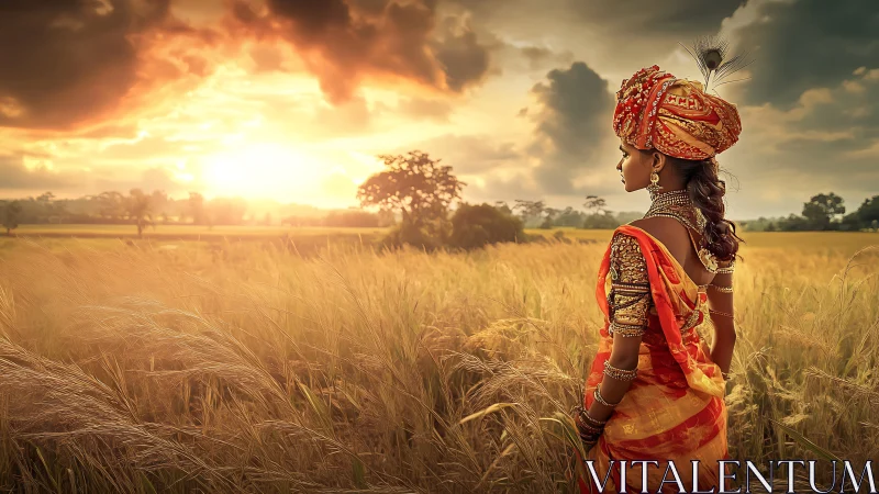 Woman in Traditional Indian Attire Standing in Golden Field at Sunset.
