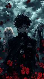 Dark-eyed anime trio stride through blood-red petals.
